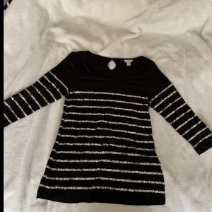 Guess Three Quarter Sleeve Striped Sequined Top